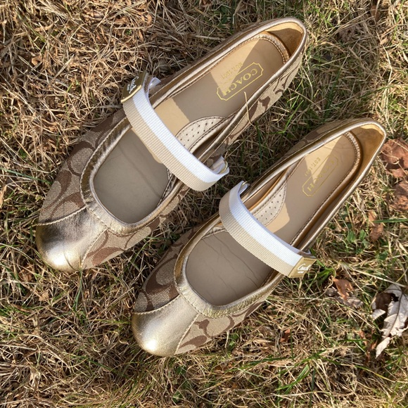 Coach Janey Sporty Strap Ballet Flats Khaki C Jacquard Metallic Gold Toe Flats - Picture 5 of 17